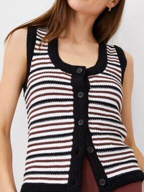 Ann Taylor XL 100% Cotton Crochet Knit Button Up Striped Sweater Vest Preppy
